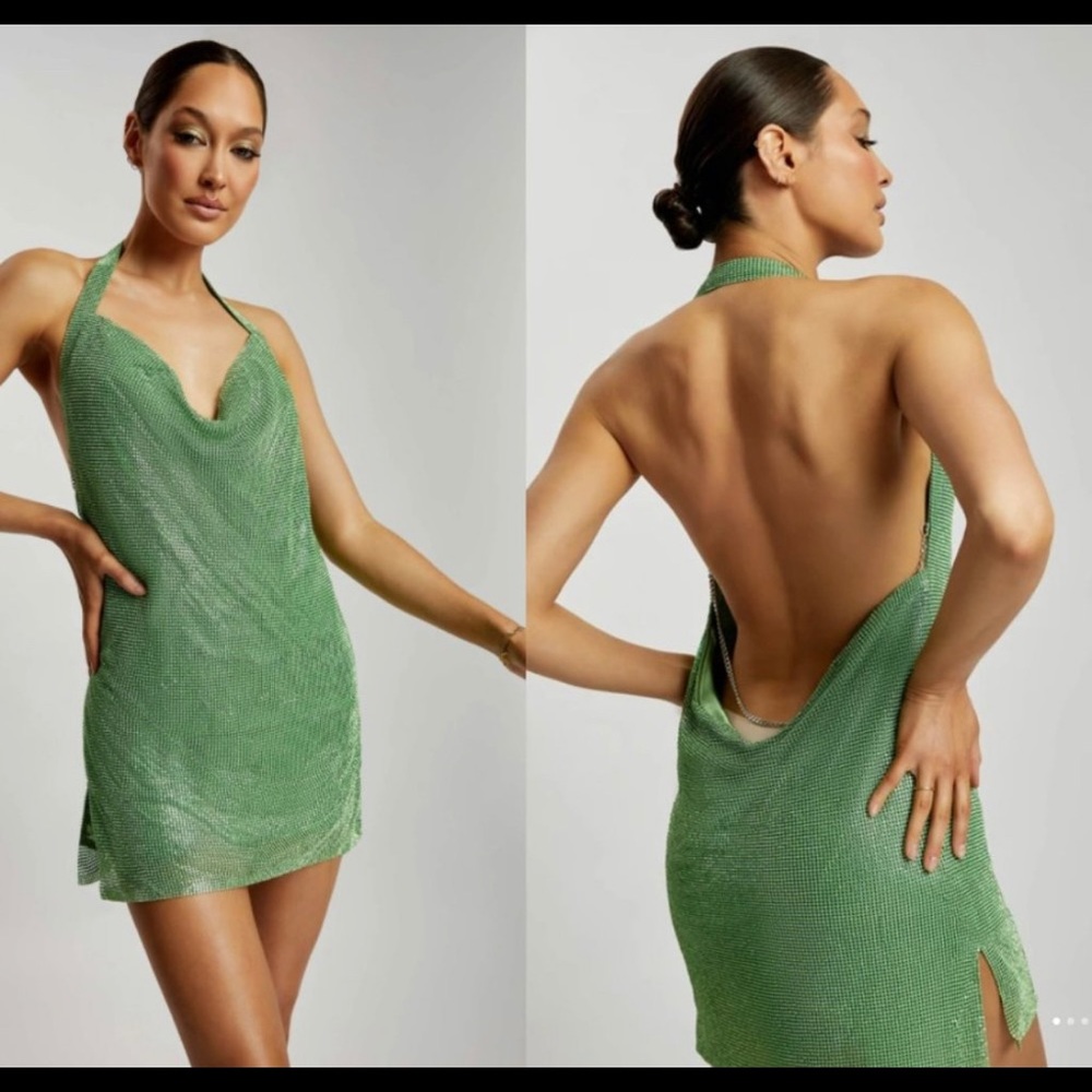 MEILANI Low Back Diamante Mesh Mini Dress - Green